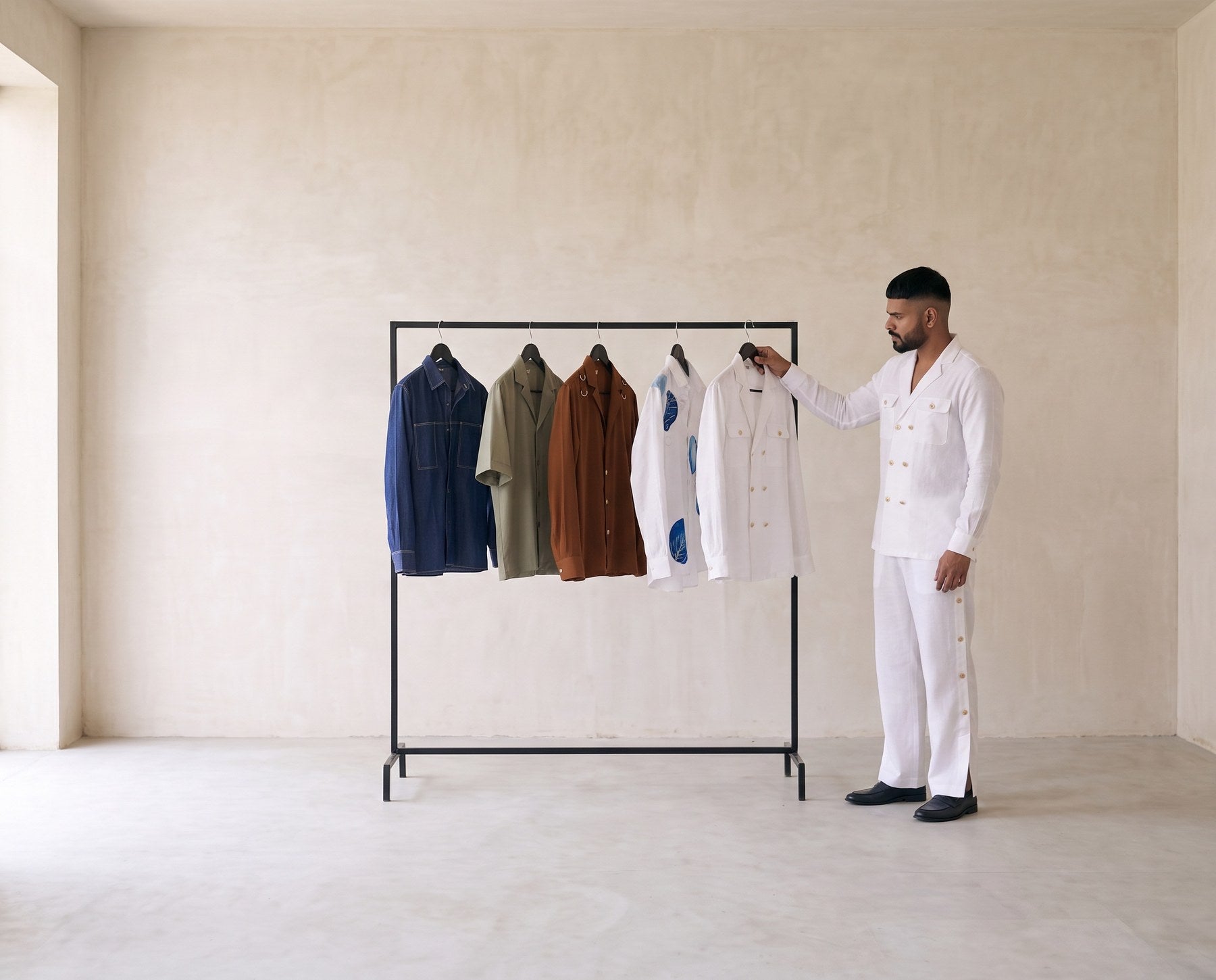 The Regent Resort Co-ord in the studio, white linen against the wall