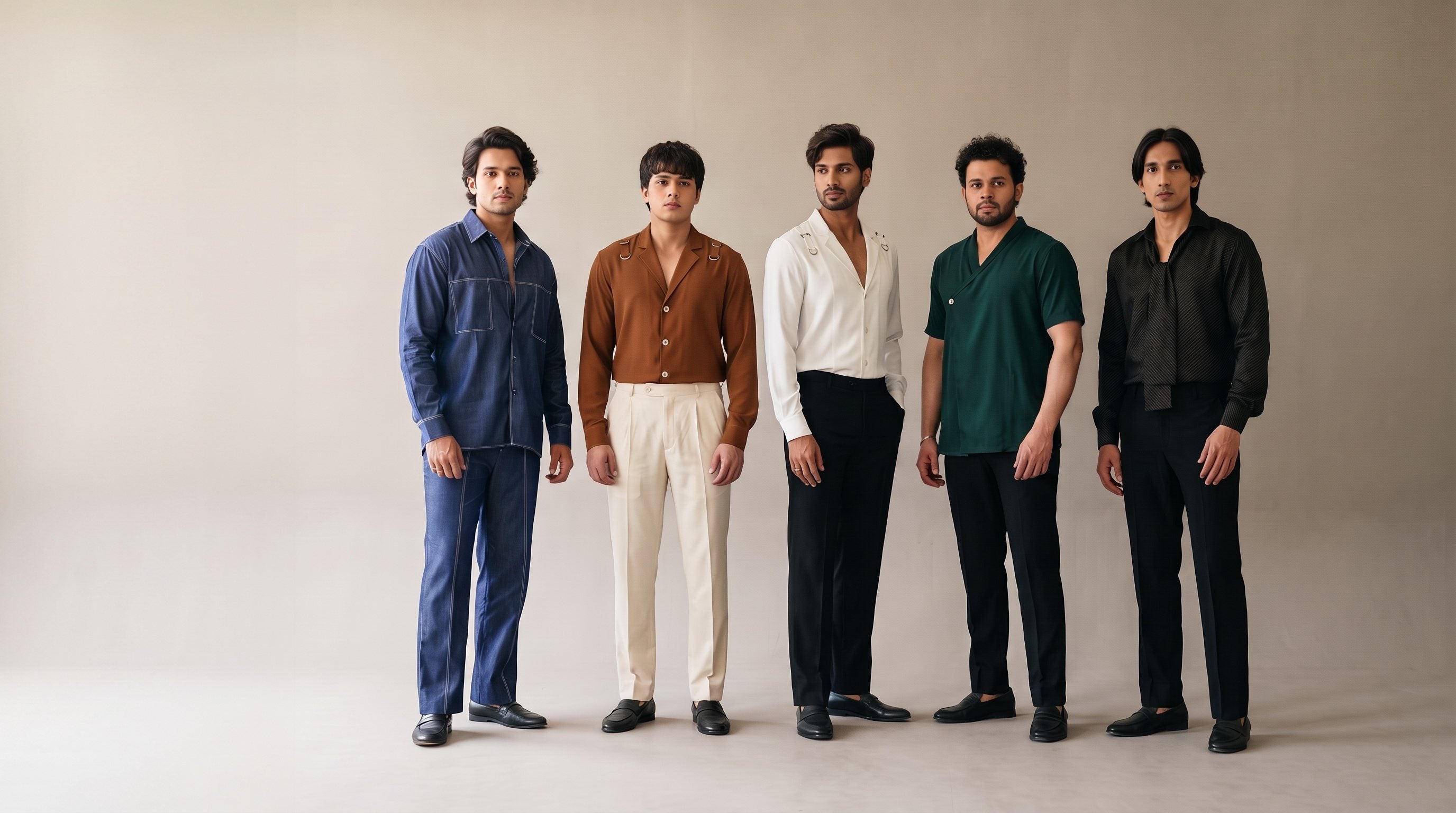 Five men in Batch 01 pieces on a studio sweep
