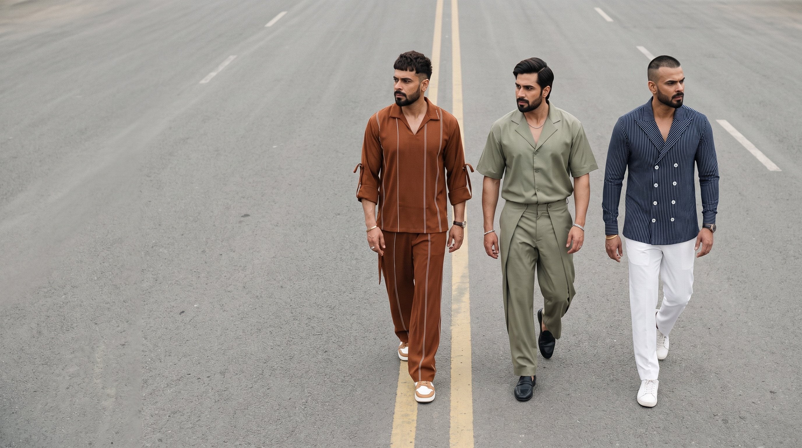 Three men crossing an empty road, from above